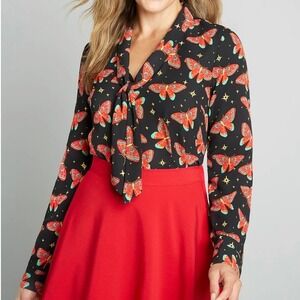 ModCloth Tie Neck Blouse Size XL Black Red Butterfly Print Retro Indie Whimsical